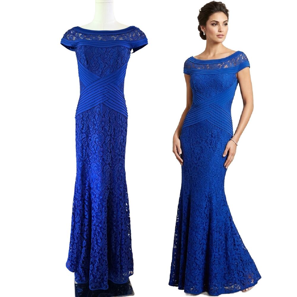 Tadashi Shoji Royal Blue Evening Gown Sz 4 Pintuck Lace Cap Sleeve Formal Dress